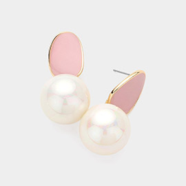 Enamel Oval Plate Chunky Pearl Dangle Earrings