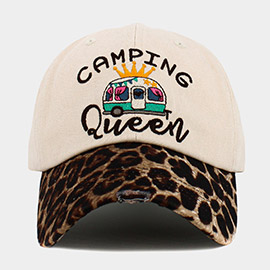 CAMPING QUEEN Message Leopard Vintage Baseball Cap