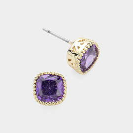 14K Gold Plated Square CZ Stone Stud Earrings