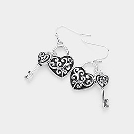 Antique Metal Heart Lock Key Dangle Earrings