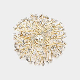 Round Stone Centered Rhinestone Embellished Branch Flower Pin Brooch