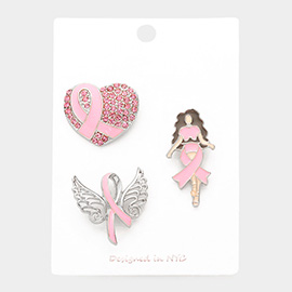 3PCS - Pink Ribbon Pointed Heart Angel Wings Afro Girl Pin Brooches