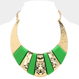 Wood Pointed Hammered Metal Curved Bib Necklace