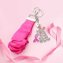 Pink Ribbon Afro Woman Charm Wristlet Keychain / Stretch Bracelet