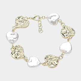 Pearl Heart Hammered Meatal Heart Station Bracelet