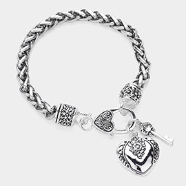 Antique Metal Key Heart Charm Bracelet