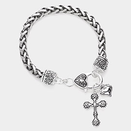 Antique Metal Cross Heart Charm Bracelet