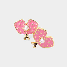 Pearl Pointed Enamel Pickleball Paddle Stud Earrings