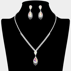 Teardrop Stone Pendant Accented Rhinestone Paved Necklace