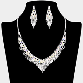 Round Stone Embellished Rhinestone Paved Fringe Necklace