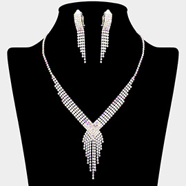 Rhinestone Pave Fringe Necklace & Clip Earring Set