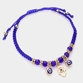 Evil Eye Hamsa Hand Charm Pointed Braided Adjustable Pull Tie Cinch Bracelet