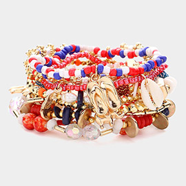 10PCS - Puka Shell Metal Bow Elephant Charm Pointed Various Beads Beaded Stretch Multi Layered Bracelet