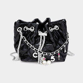 Enamel Charm Chain Pointed Faux Leather Pearl Pointed Chain Mini Bucket Bag