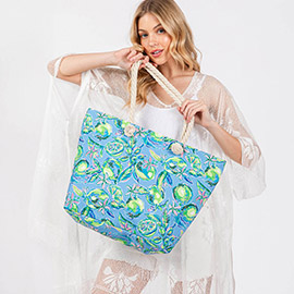 Hand Drawn Lime Flower Print Beach Tote Bag