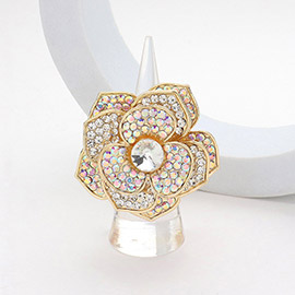 Round Stone Centered Rhinestone Paved Flower Stretch Ring