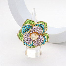 Round Stone Centered Rhinestone Paved Flower Stretch Ring