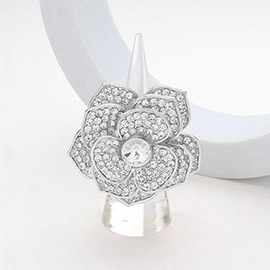 Round Stone Centered Rhinestone Paved Flower Stretch Ring