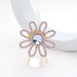 Round Stone Pointed Rhinestone Paved Flower Stretch Ring