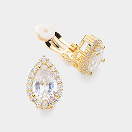 Teardrop CZ Stone Pointed Clip On Earrings