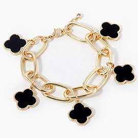 Gold Dipped Enamel Quatrefoil Charm Station Chunky Chain Bracelet