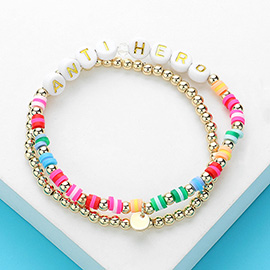 2PCS - ANTI HERO Message Metal Ball Heishi Beaded Stretch Multi Layered Bracelets
