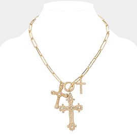 Stone Paved Textured Metal Cross Charms Paperclip Chain Necklace