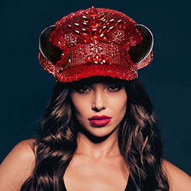 Devil Horn Accented Glass Stone Embellished Sequin Bling Hat