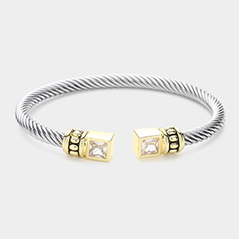 Two Tone Plated CZ Square Stone Tip Cable Cuff Bracelet