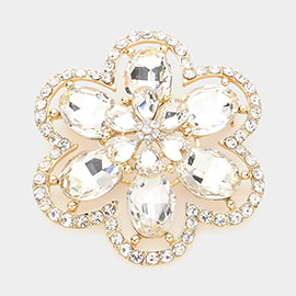 Oval Glass Stone Accented Rhinestone Paved Flower Pin Brooch