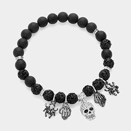 Stone Paved Skull Metal Spider Skeleton Charm Pointed Shamablla Ball Beaded Stretch Bracelet