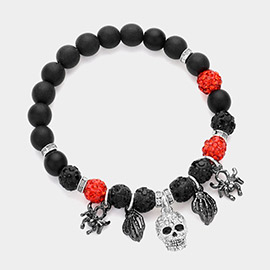 Stone Paved Skull Metal Spider Skeleton Charm Pointed Shamablla Ball Beaded Stretch Bracelet