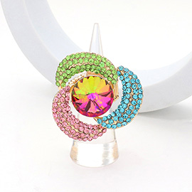 Round Stone Centered Rhinestone Paved Flower Stretch Ring