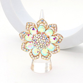 Oval Glass Stone Embellished Rhinestone Paved Flower Stretch Ring