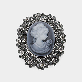 Rhinestone Paved Embellished Cameo Pointed Pin Brooch