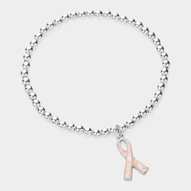 Pink Ribbon Charm Pointed Stainless Steel Ball Beaded Stretch Bracelet