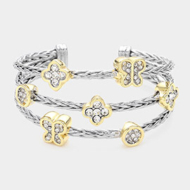 Stone Bezel Quatrefoil Pointed Split Cuff Bracelet