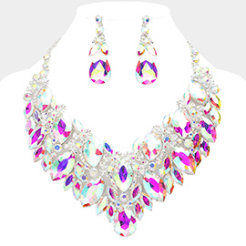 Teardrop Glass Stone Pointed Marquise Stone Cluster Embellished Evening Necklace