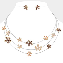 Colored Metal Flower Charm Station Wire Triple Layered Necklace