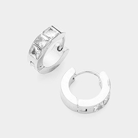 Square CZ Stone Paved Stainless Steel Huggie Hoop Earrings