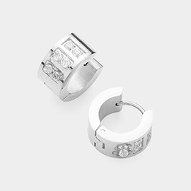 Round CZ Stone Paved Stainless Steel Huggie Hoop Earrings