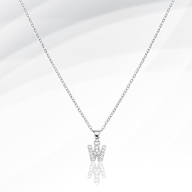 -W- Stainless Steel CZ Stone Paved Monogram Pendant Necklace