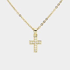 CZ Stone Paved Cross Pendant Stainless Steel Necklace