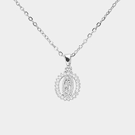 Stainless Steel CZ Stone Paved Guadalupe Pendant Necklace