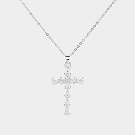 Teardrop CZ Stone Embellished Cross Pendant Stainless Steel Necklace