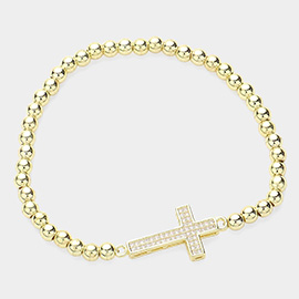 CZ Stone Paved Cross Pointed Stainless Steel Ball Beaded Stretch Bracelet