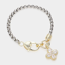 14K Gold Plated Two Tone CZ Stone Clover Charm Bracelet