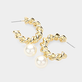 Pearl Pointed Twisted Metal Hoop Earrings