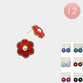 12Pairs - Pearl Pointed Stone Paved Rim Enamel Flower Stud Earrings