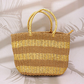 Raffia Straw Braided Striped Tote Bag / Shoulder Bag